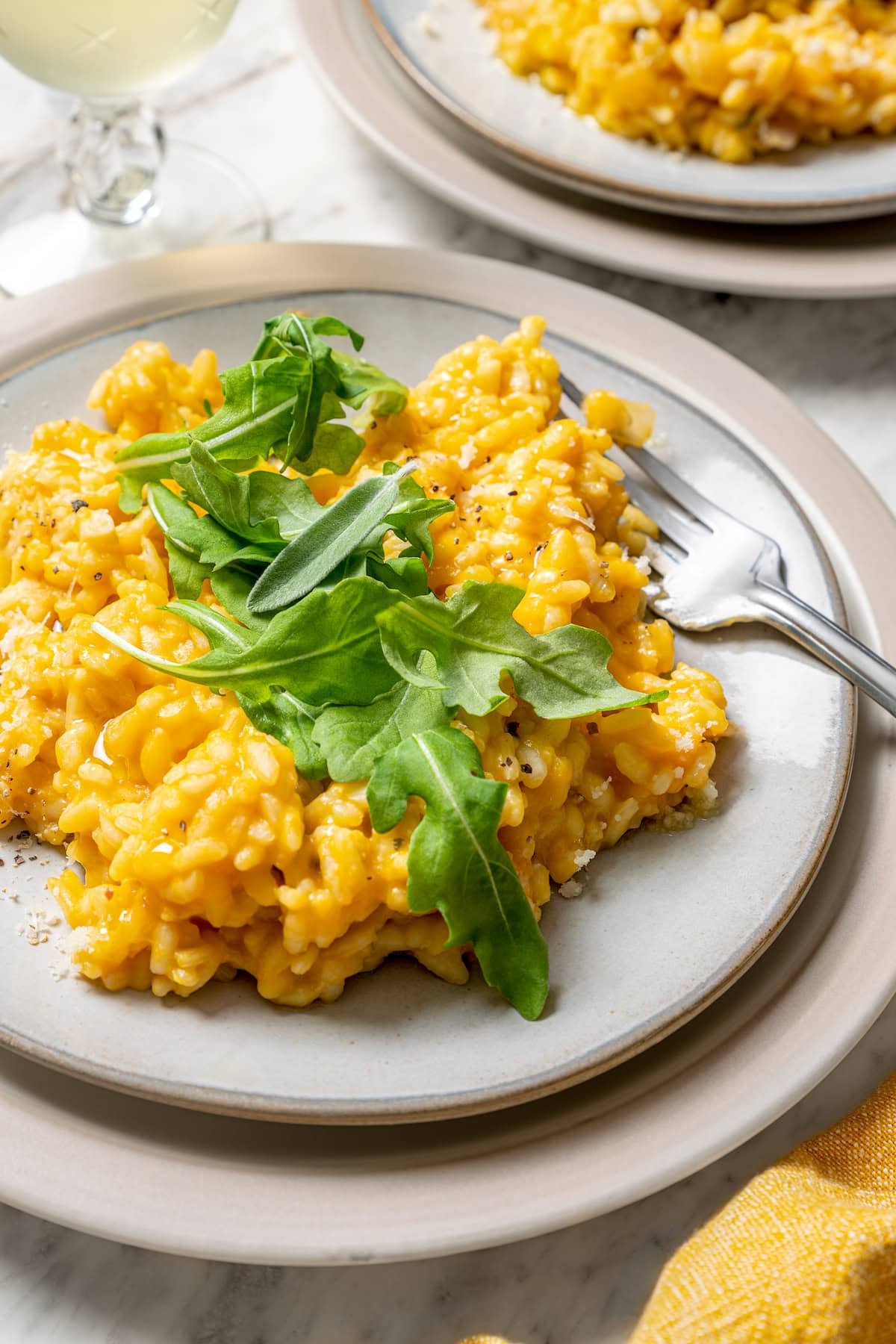 Plate of butternut squash risotto with fork