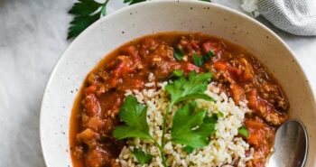 Bowl of hearty stuffed pepper soup with rice
