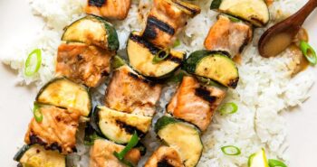 Miso Salmon Skewers over rice