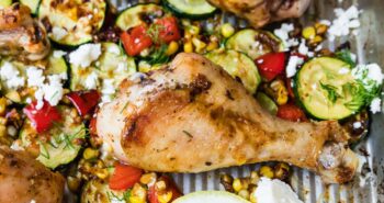 Sheet Pan Chicken Drumsticks with Zucchini, Lemon, Corn and Feta