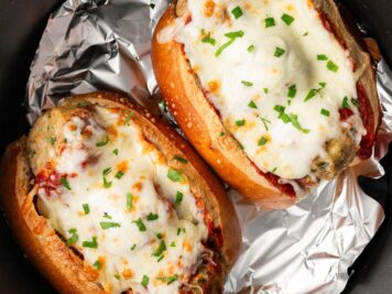 Air Fryer Meatball Subs in the air fryer basket