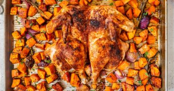 Spatchcock Chicken with Sweet Potatoes on a sheet pan