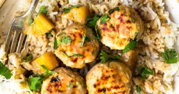 Hawaiian Chicken Meatballs with Pineapple Coconut Sauce over rice